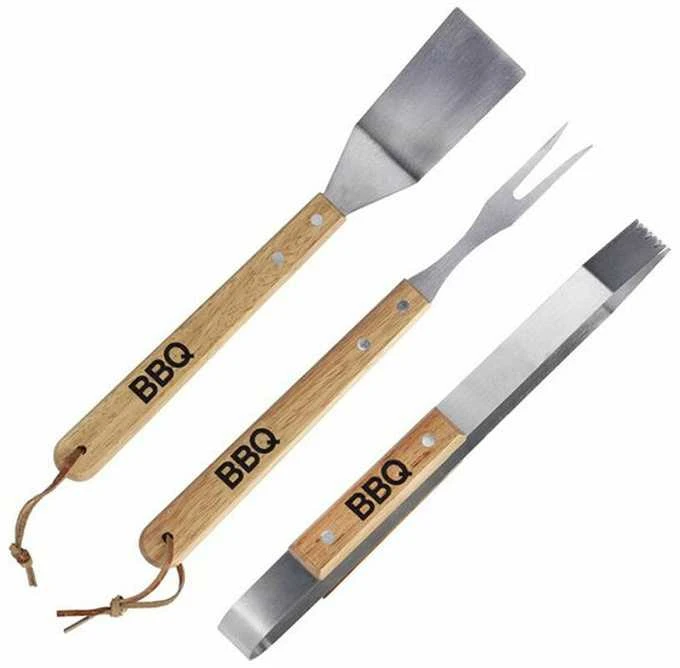 Bbq Line 3 dalių grilio įrankių rinkinys su medinėmis rankenomis