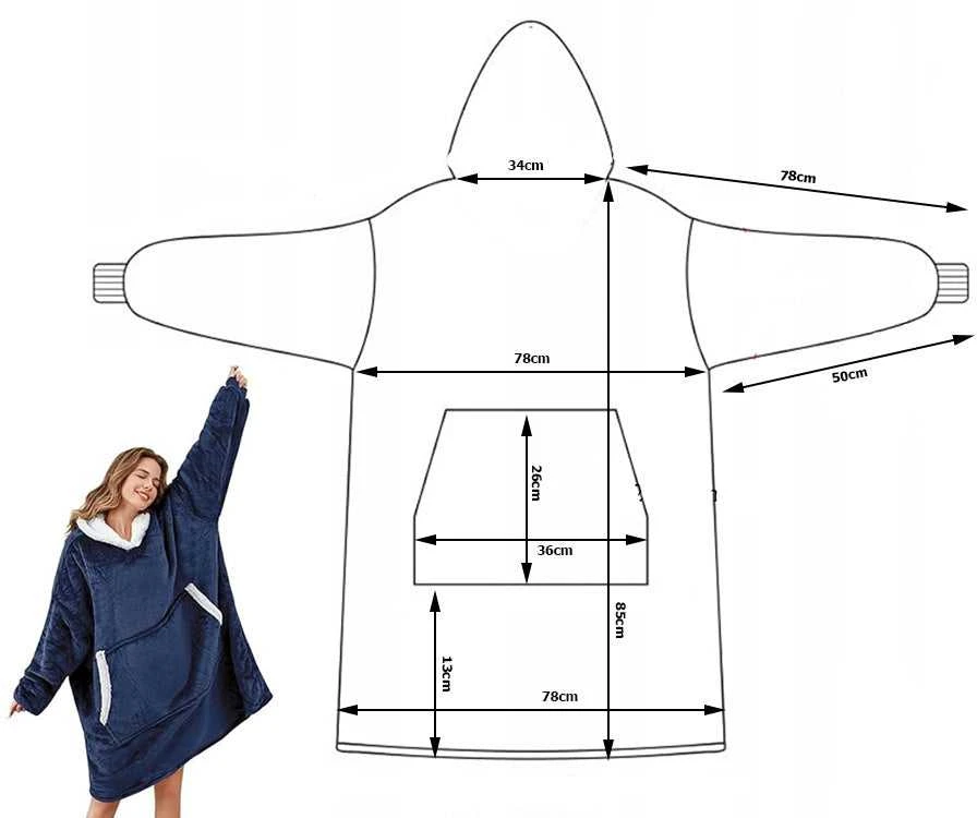 Šiltas oversize pledsa su gobtuvu, tamsiai mėlyna