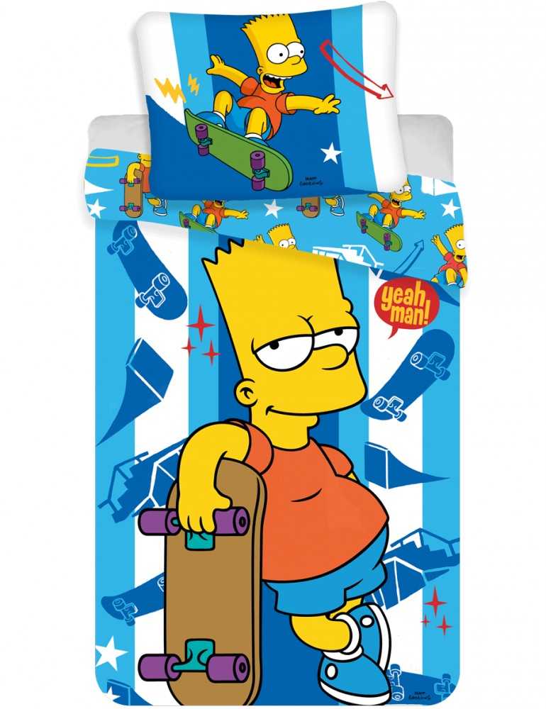 Patalynė bawełniana 140x200 Bart skater Simpson 2635 Riedlentė poszewka 70x90 mėlyna pasy dziecięca