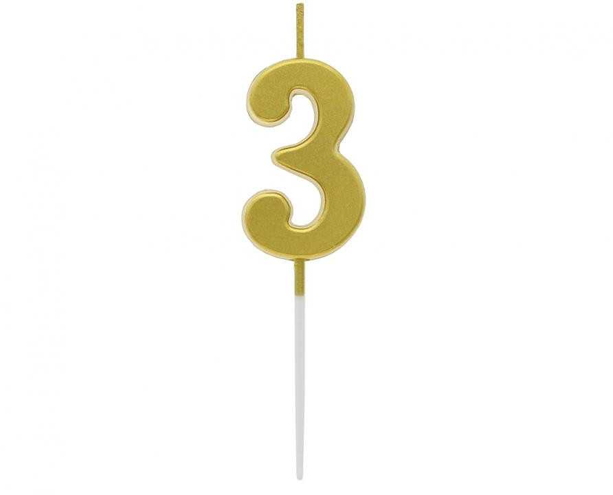 Gimtadienio žvakė numeris 3 metalinė auksinė Party GODAN BH-SPZ3