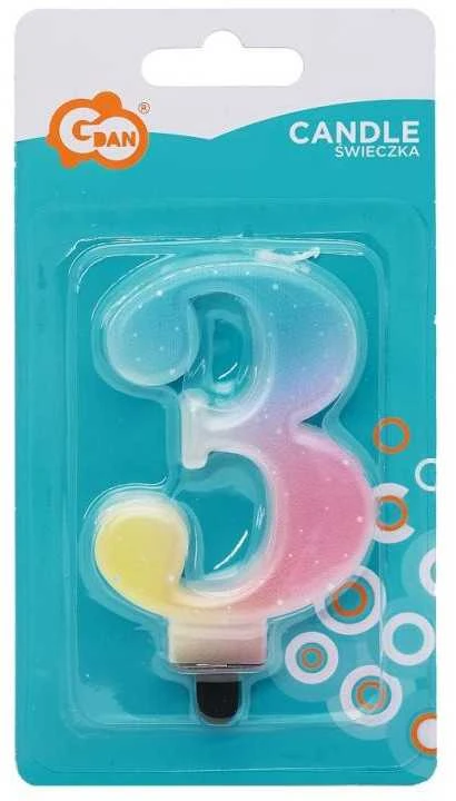 Skaičių pastelinių ombre spalvų žvakė „3“, gimtadienio torto žvakė