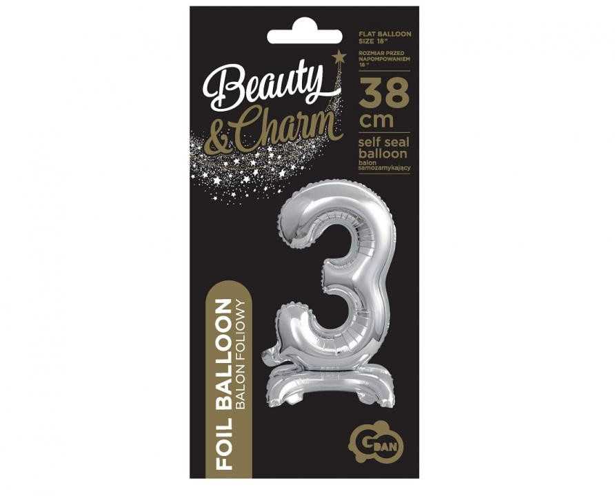 GoDan B&C folijos balionas Stovintis numeris 3, sidabrinis, 38 cm