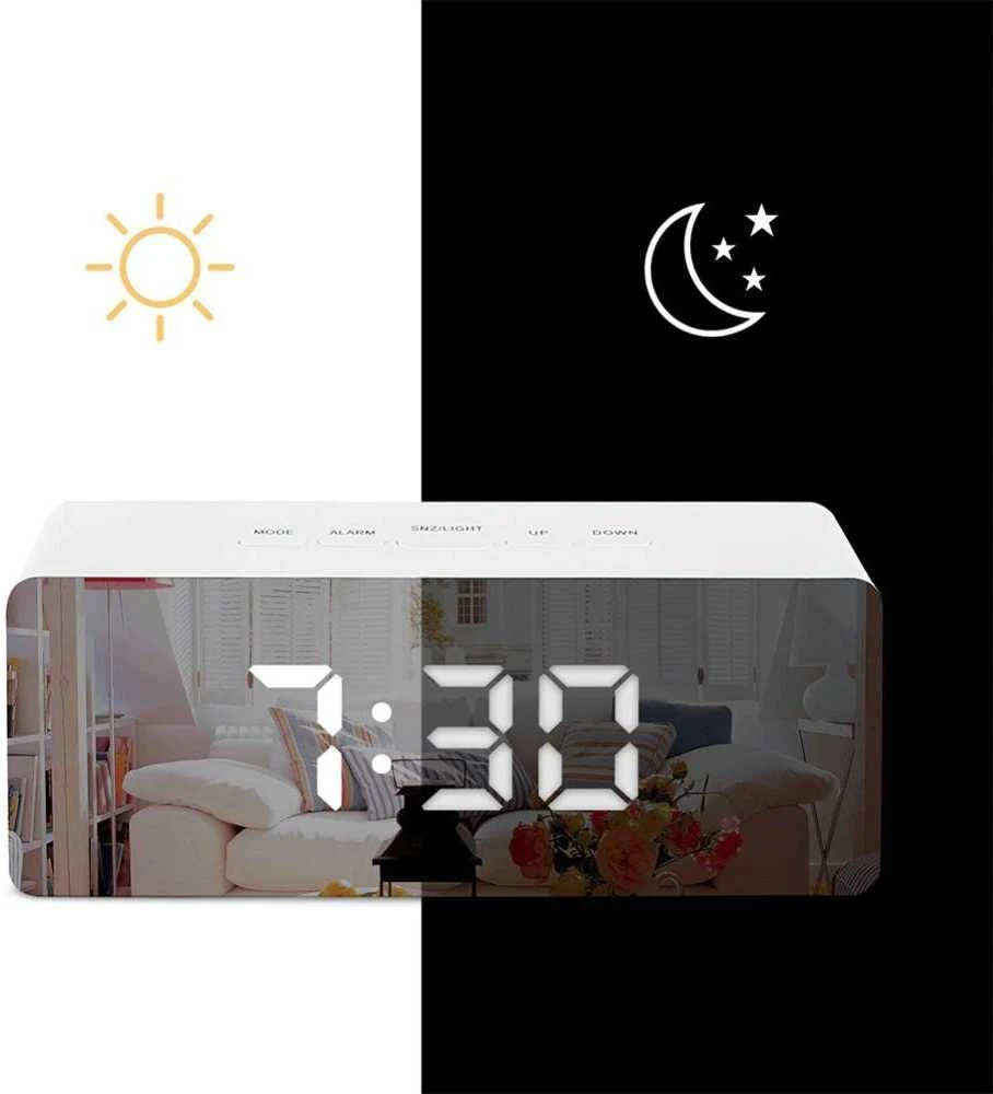 Laikrodis veidrodis su LCD ekranu ir temperatūros rodymu