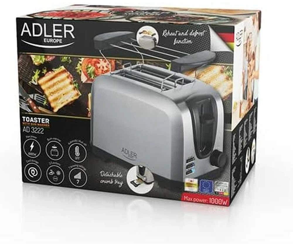 Skrudintuvas Adler Toaster AD 3222 Power 700 W Number of slots 2 Housing material Nerūdijantis plienas Sidabrinis