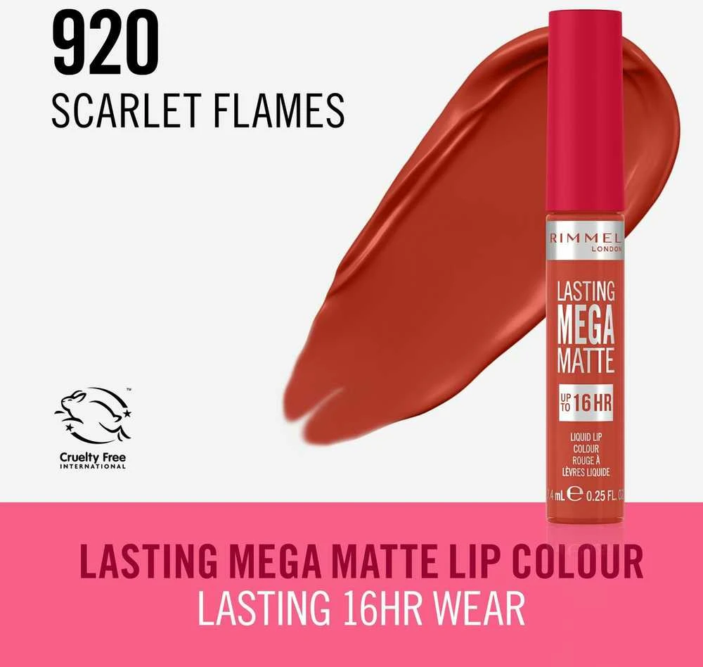 Rimmel London Lasting Mega Matte Skysti lūpų dažai moterims, 7,4 ml