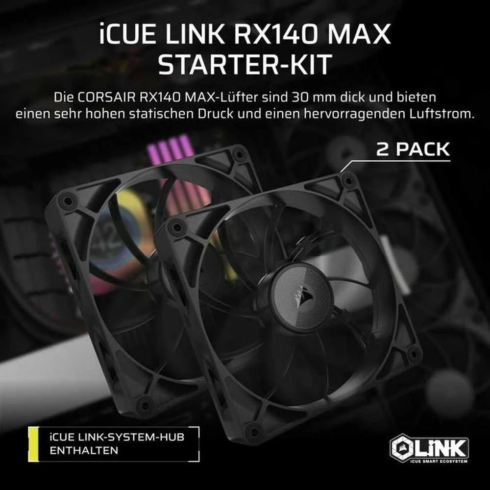Corsair iCUE LINK RX140 MAX Series, PWM korpuso ventiliatorius 2er Pack – 140mm, juodos spalvos