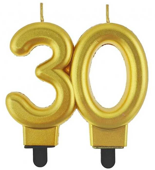 GoDan žvakė numeris 30 GIMTADIENIS, auksinė, metalinė, B&C, 8 cm