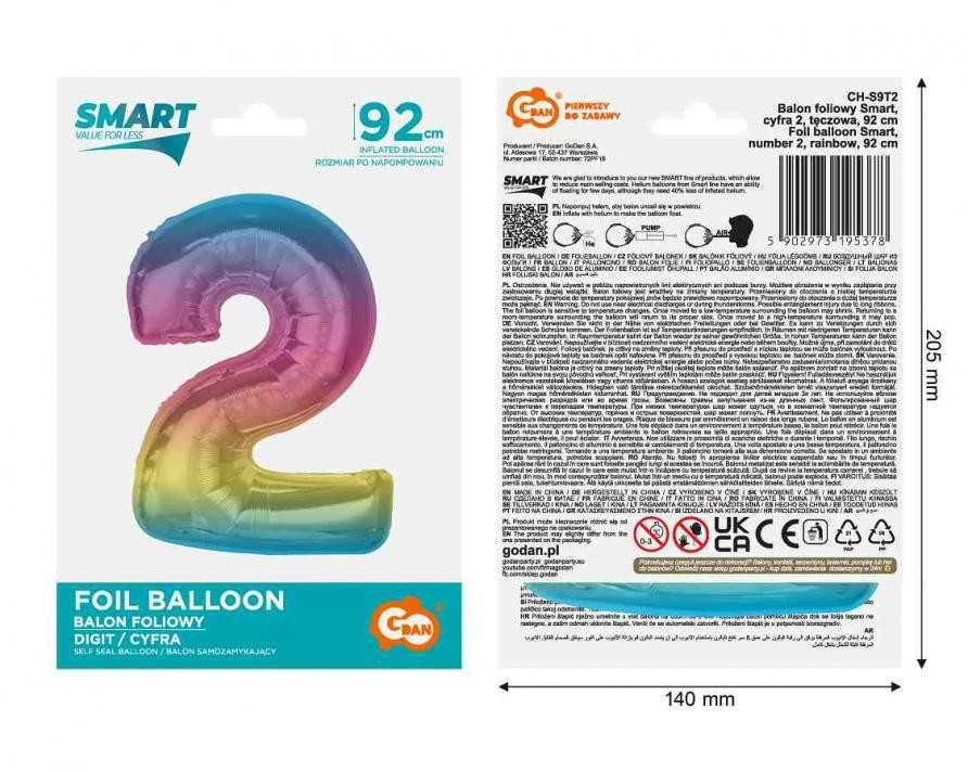 GoDan Number 2 folijos balionas, vaivorykštė Smart, 92 cm