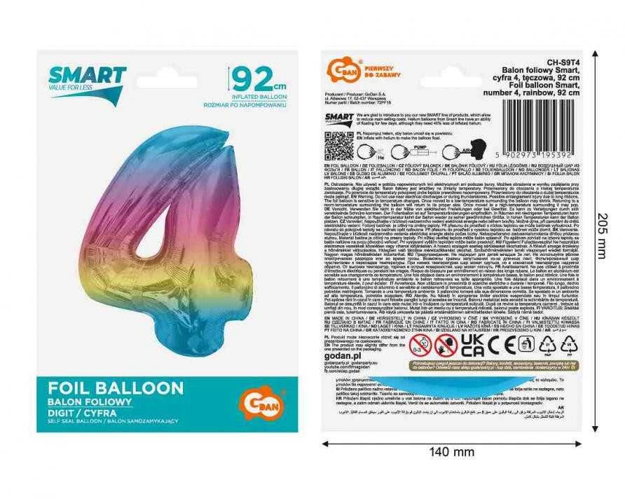 GoDan Foil balionas numeris 4, vaivorykštė Smart, 92 cm