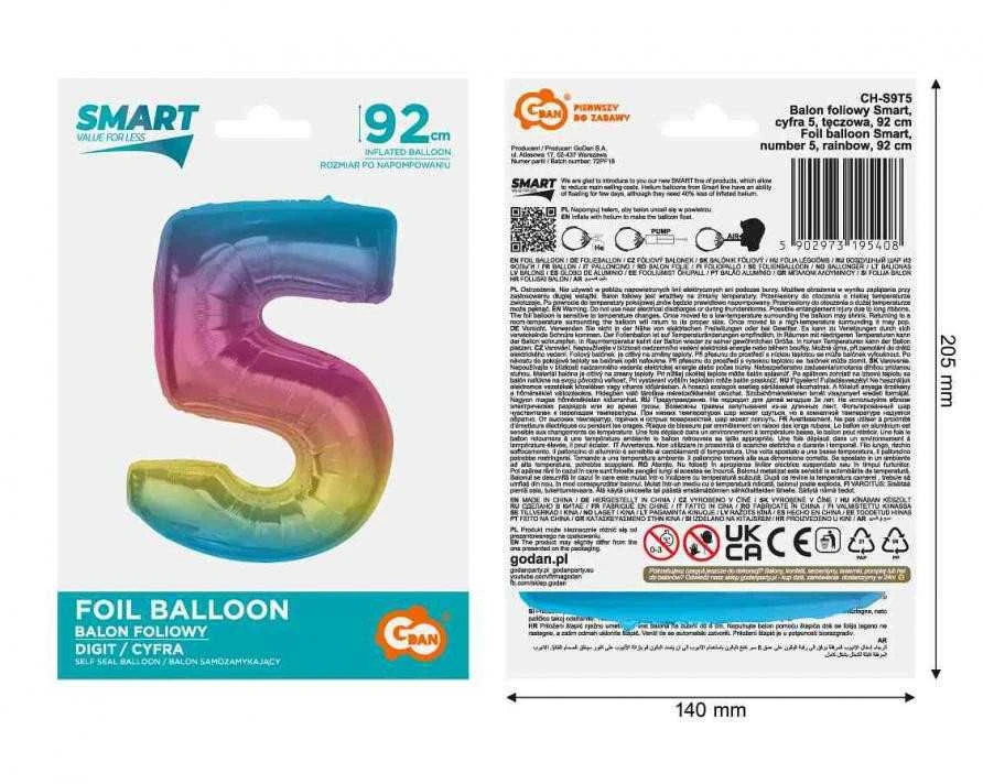 GoDan Foil balionas numeris 5, vaivorykštė Smart, 92 cm