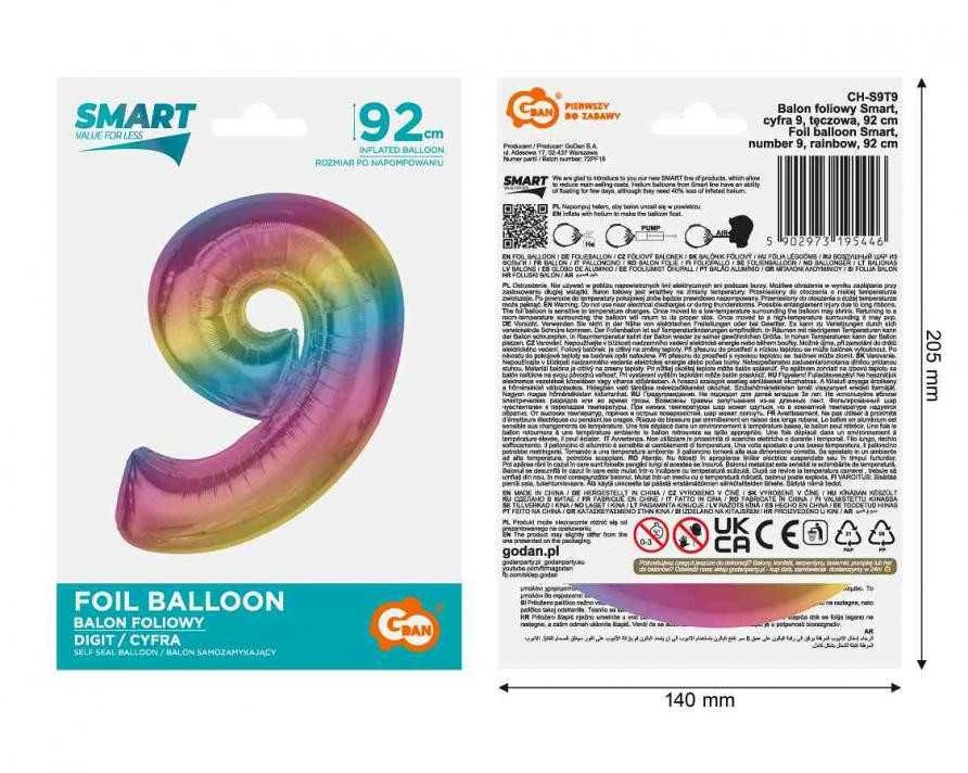 GoDan Foil balionas numeris 9, vaivorykštė Smart, 92 cm
