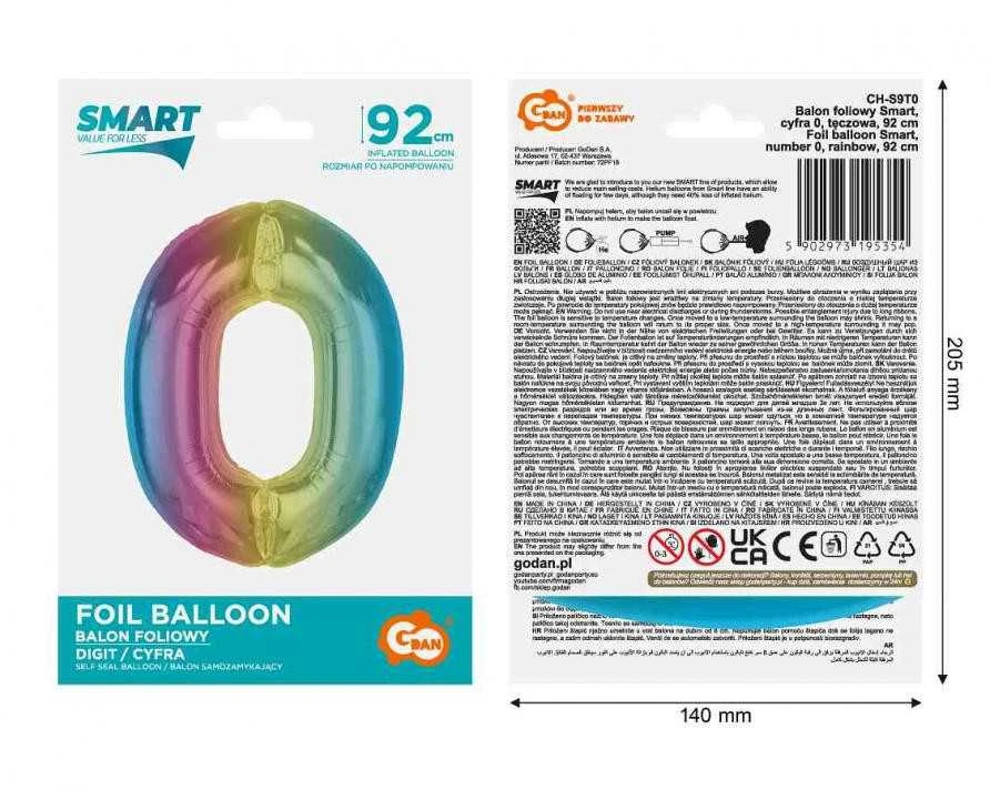 GoDan Foil balionas numeris 0, vaivorykštė Smart, 92 cm