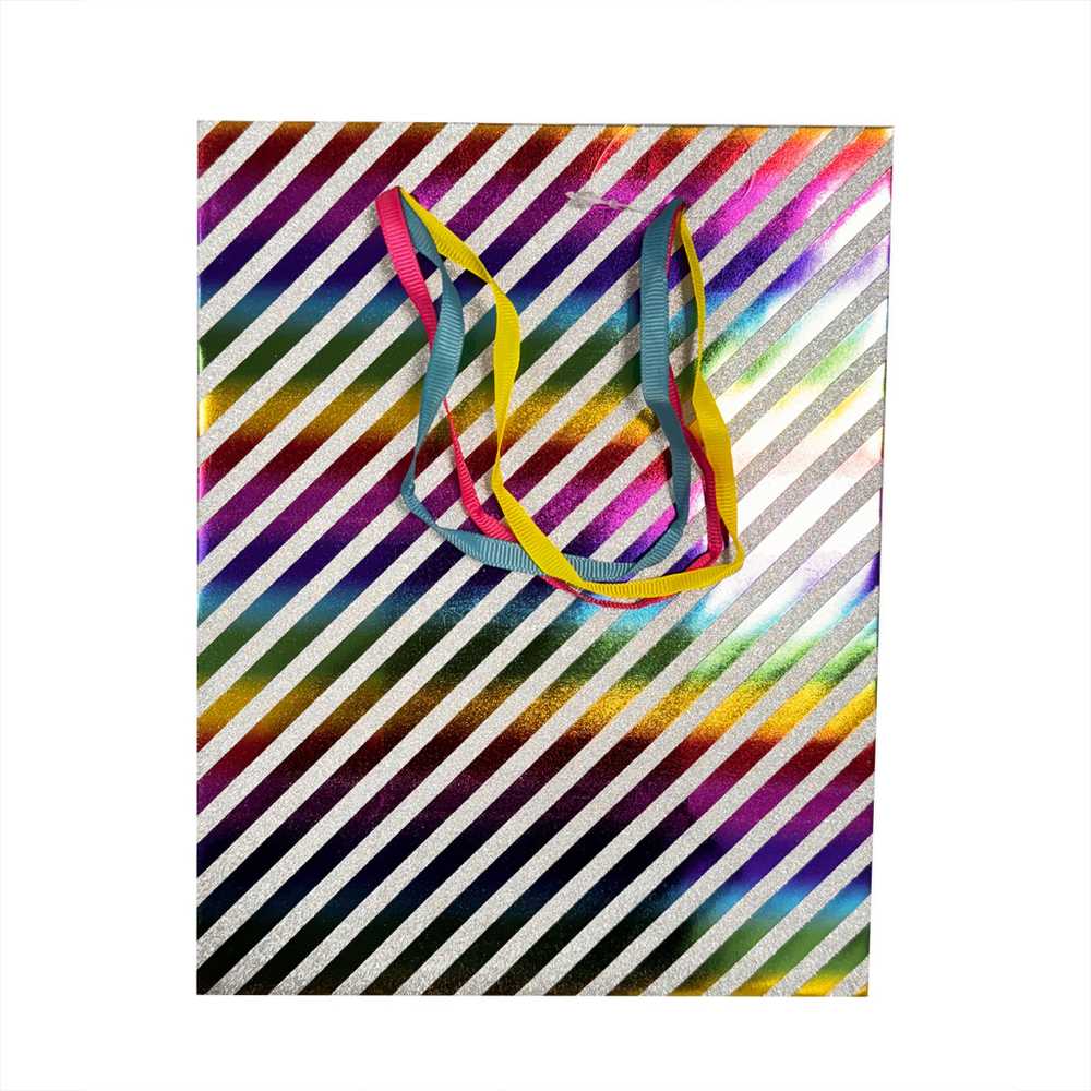 Spalvotas dryžuotas blizgučių popierinis dovanų maišelis 18x10x23 cm