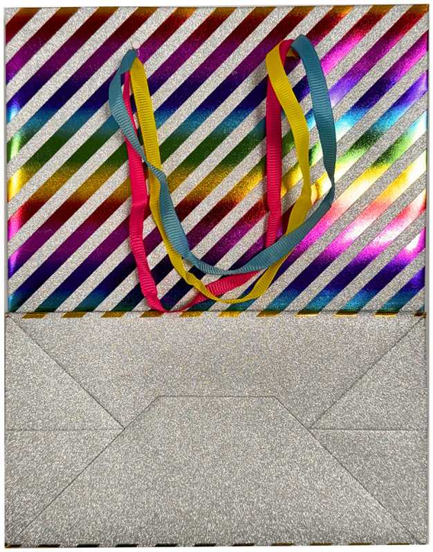 Spalvotas dryžuotas blizgučių popierinis dovanų maišelis 18x10x23 cm