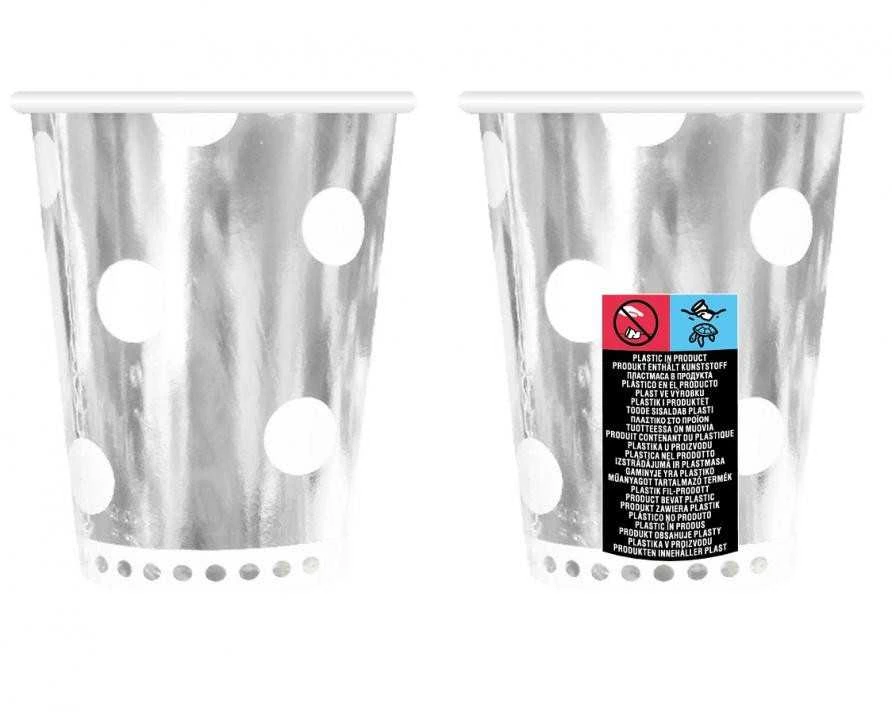 Spalvoti B&C taškuoti sidabriniai popieriniai puodeliai, 6 vnt., 266 ml