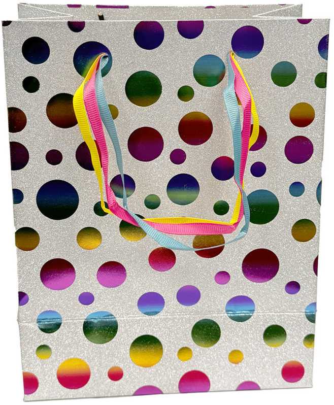 Spalvotos formos blizgučių popierinis dovanų maišelis 18x10x23 cm