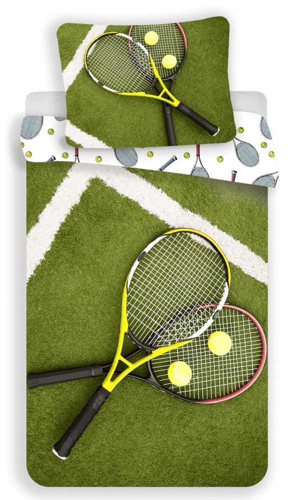 Patalynė bawełniana 140x200 Tenis rakiety rakieta do tenisa piłeczki tenisowe boisko žalia balta 5260 poszewka 70x90 sportowa dla fana tenisa