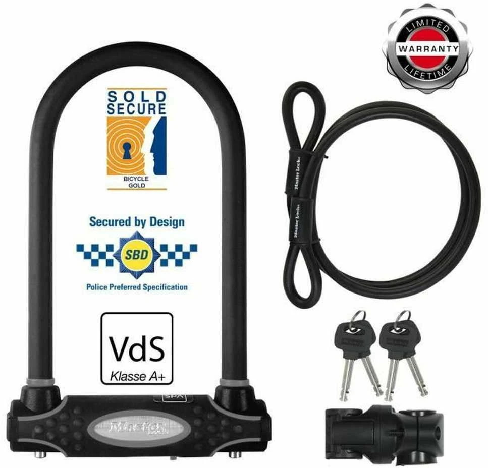 Masterlock MASTER LOCK Grūdinto plieno „U“ formos dviračio spyna su papildomu trosu ir laikikliu spynai