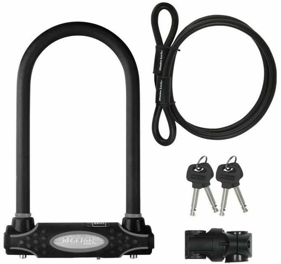 Masterlock MASTER LOCK Grūdinto plieno „U“ formos dviračio spyna su papildomu trosu ir laikikliu spynai
