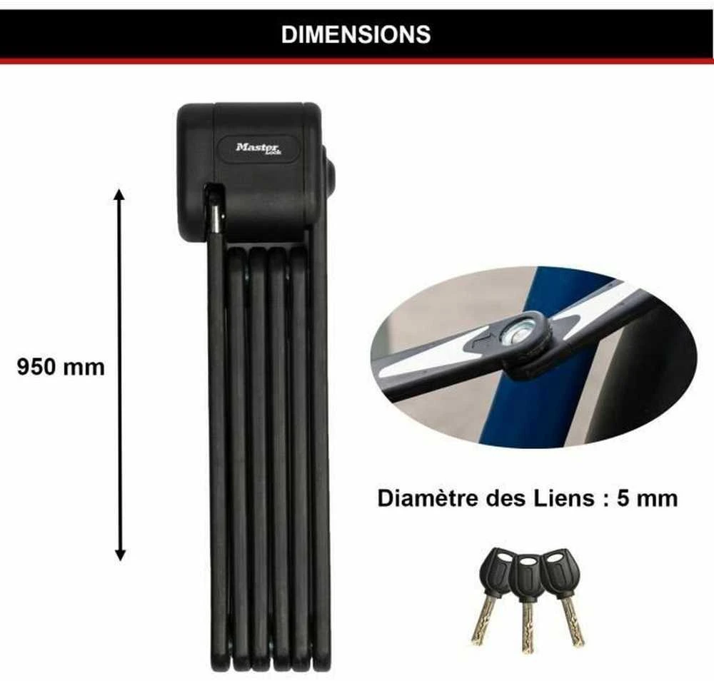 Masterlock MASTER LOCK sulankstoma dviračio spyna su grūdinto plieno jungtimis 3 raktai ir laikiklis