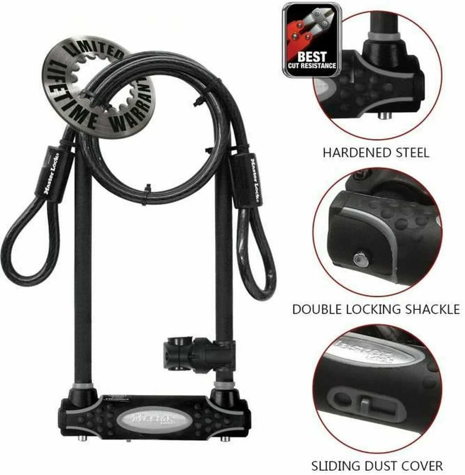 Masterlock MASTER LOCK Grūdinto plieno „U“ formos dviračio spyna su papildomu trosu ir laikikliu spynai