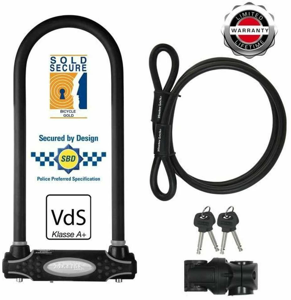 Masterlock MASTER LOCK Grūdinto plieno „U“ formos dviračio spyna su papildomu trosu ir laikikliu spynai