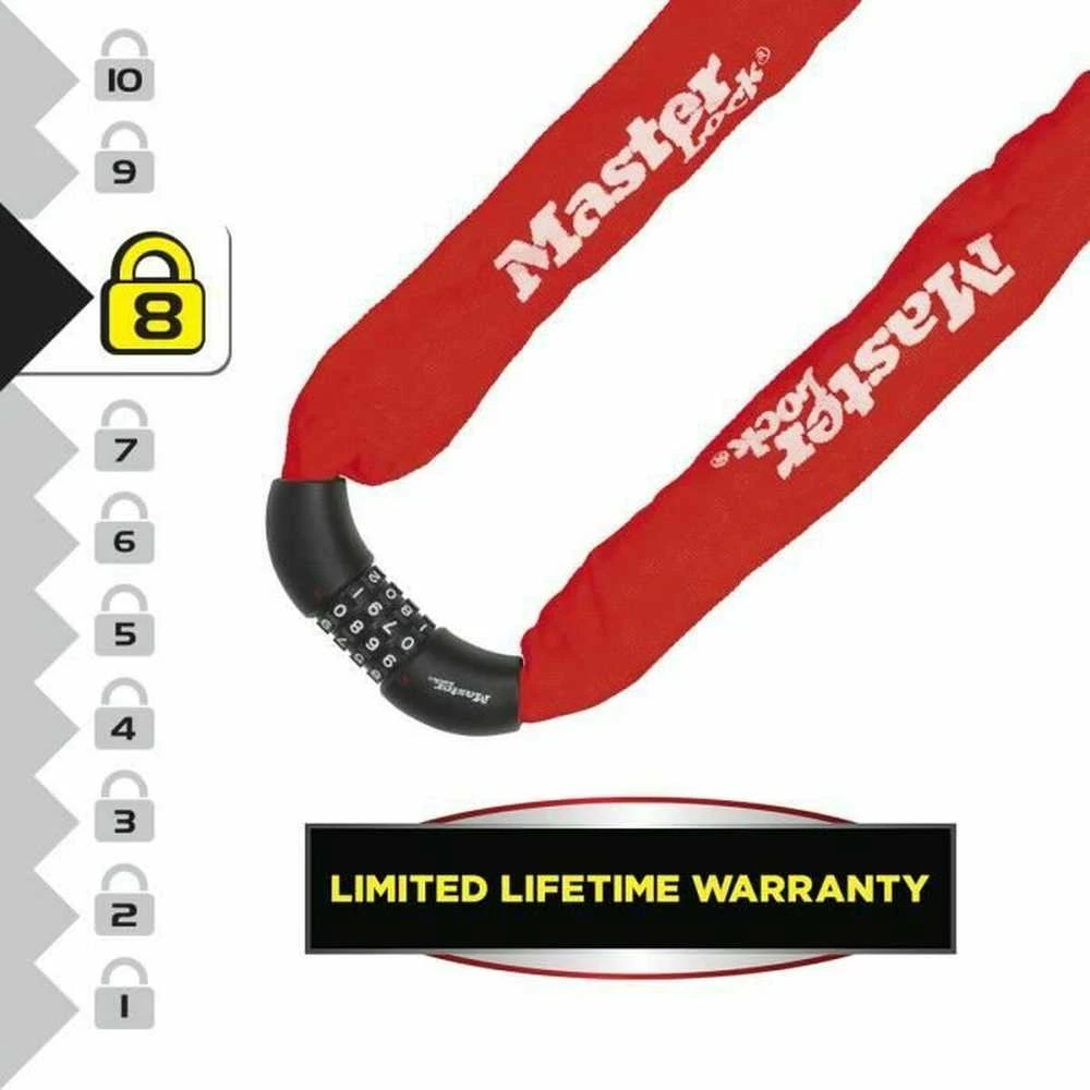 Master Lock Masterlock Grūdinto plieno grandininė spyna su raudonu nailoniniu apvalku ir 4 skaitmenų užraktu
