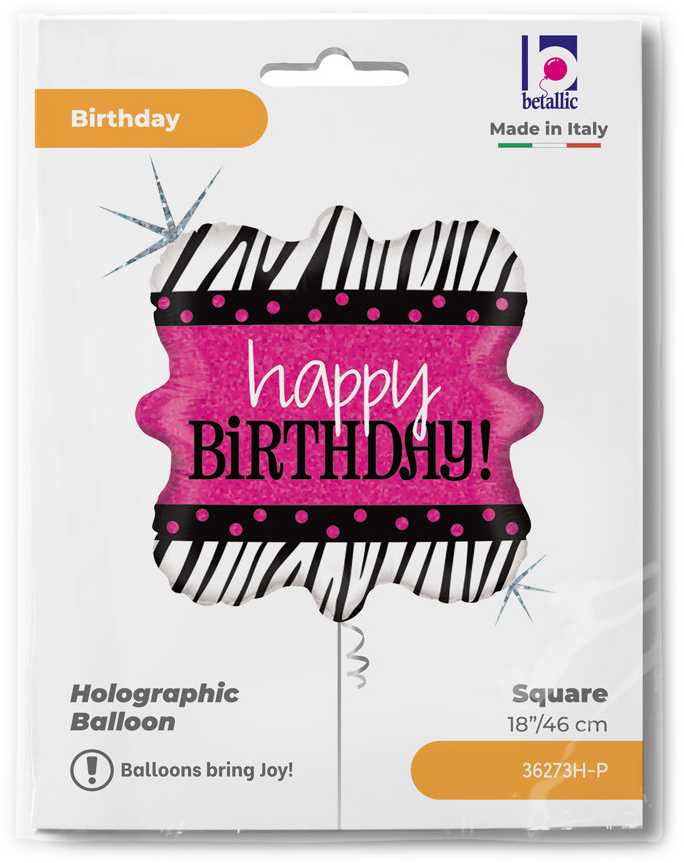 Su gimtadieniu, zebras, holografinis, 18 colių folijos balionas „Happy Birthday“, zebras