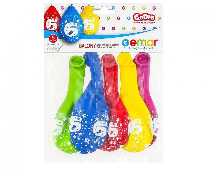 GoDan Gemar Balony Cyfra 6 URODZINY, 5 vnt., 12cali, wiszące