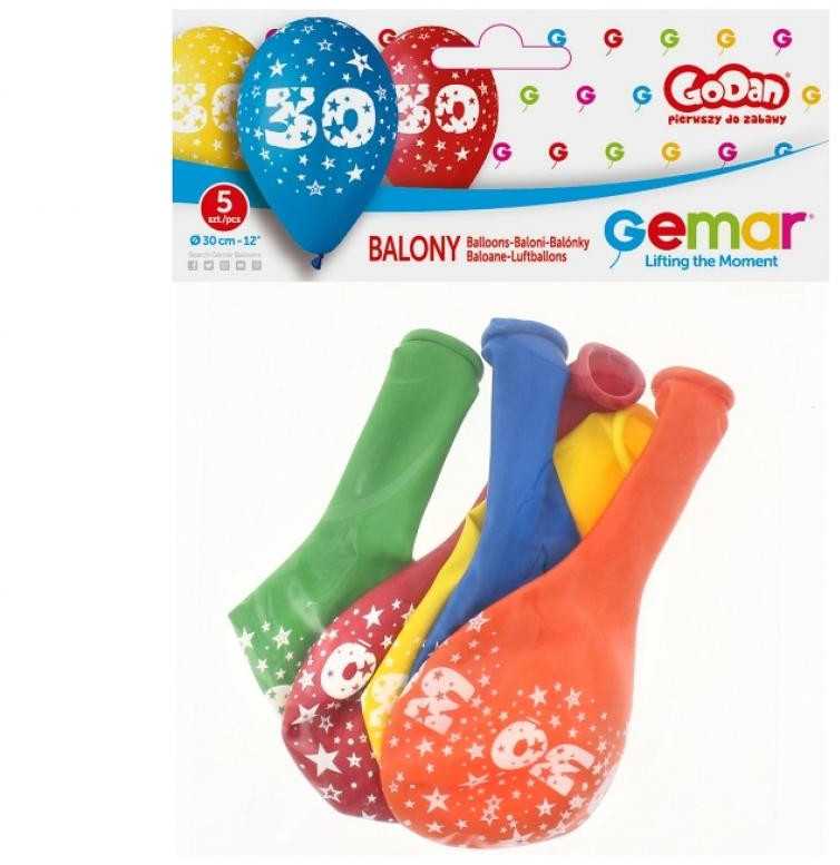GoDan GMR Pasteliniai balionai su spauda 30 - mišrūs - 30 cm - 5 vnt. universalūs