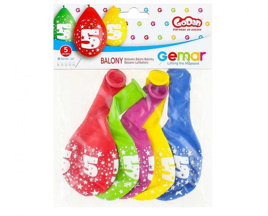 GoDan Gemar Balony Cyfra 5 URODZINY, 5 vnt., 12cali, wiszące