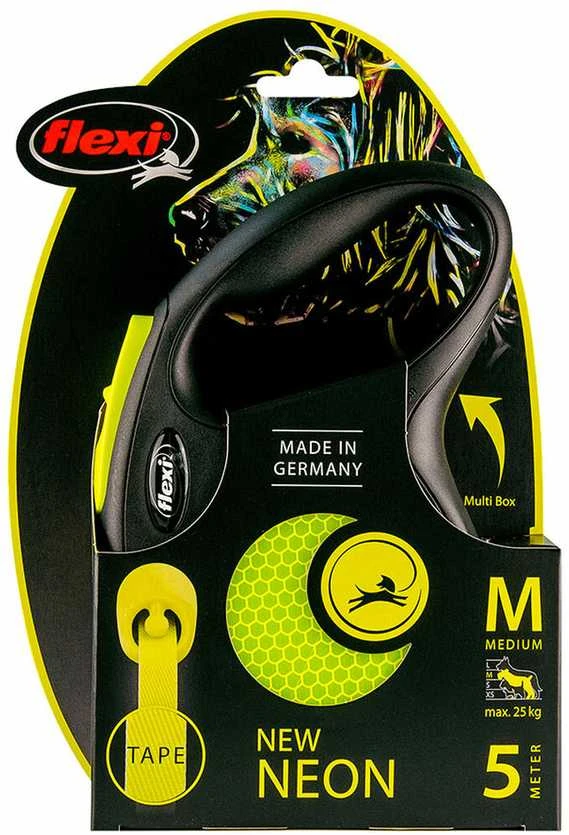 Flexi New Neon M pavadėlis šunims iki 25kg juostinis 5m geltonos spalvos