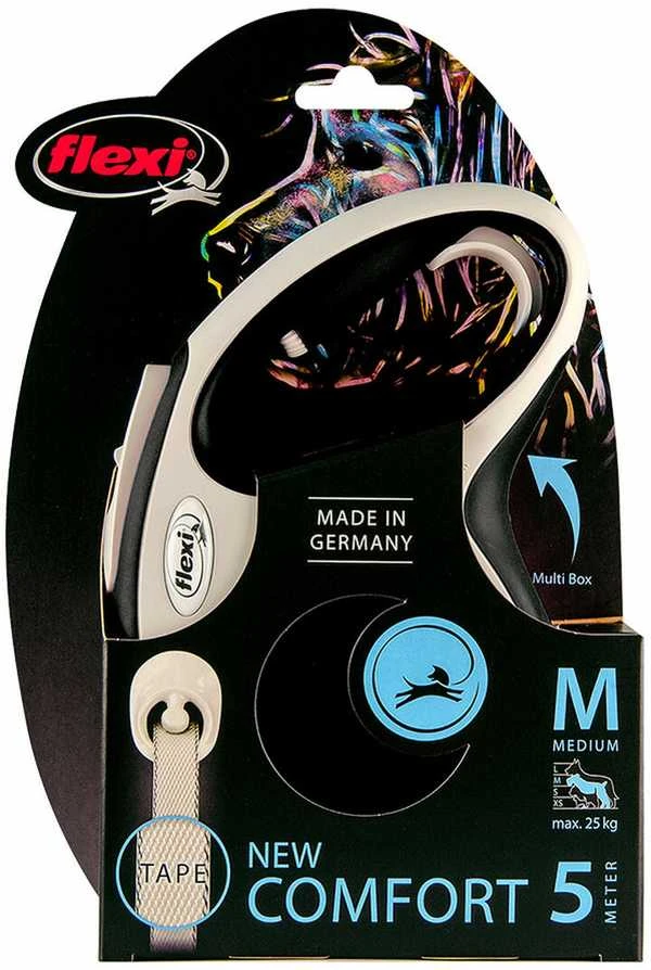 Flexi New Comfort Automatinis juostinis pavadėlis, 5 m / šunims iki 25kg / spalva: juoda ir balta
