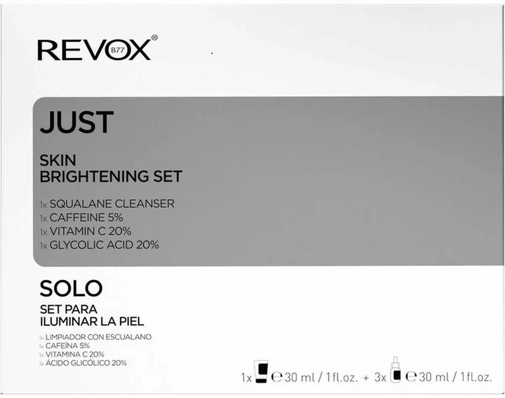 Odos skaistinimo rinkinys „Revox B77“: dieninis paakių serumas su kofeinu 5 %, 30 ml + antioksidantinis serumas veidui su vitaminu C 2 %, 30 ml + tonizuojantis serumas veidui su glikolio rūgštimi 20 %, 30 ml + skvalanas, šalinantis nešvarumus, valomasis kremas, 30 ml.