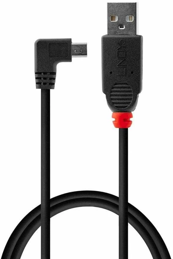 USB Kabelis - LINDY USB 2.0 Tipo A į Mini-B Laidas, 90 Laipsnių Dešinysis Kampas, M/M, 0.5 m, Juodas