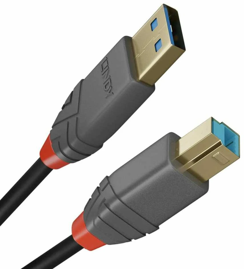 USB Kabelis - LINDY Anthra Line USB 3.2 Type A į B Laidas M/M, 5Gbps, 2 m, Juodas