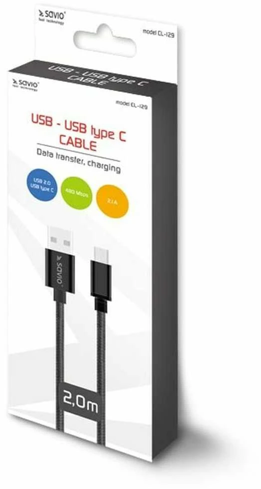 Savio CL-129 USB cable 2 m USB 2.0 USB A USB C Juodas