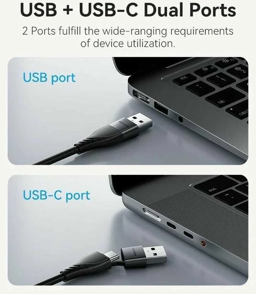 Vention kabelis su dviguba USB-A ir USB-C jungtimi