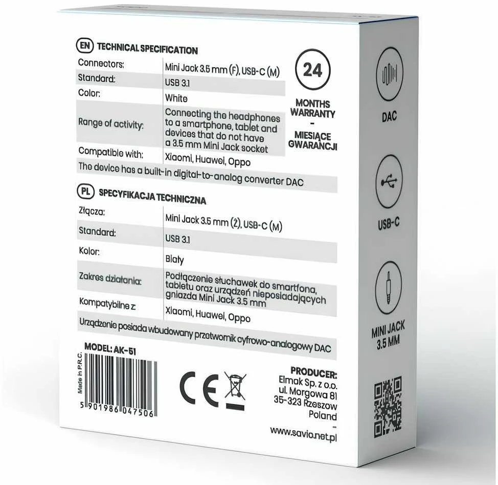 Garso Adapteris - SAVIO AK-51 USB Type 3.1 C į 3.5mm Mot. Balta