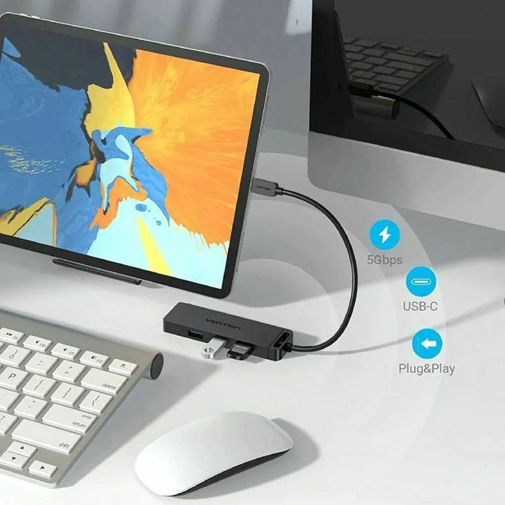 Vention Ventiliacija iš USB-C į USB3.0 x 4 šakotuvą su maitinimo šaltiniu Juodas 0,15 m