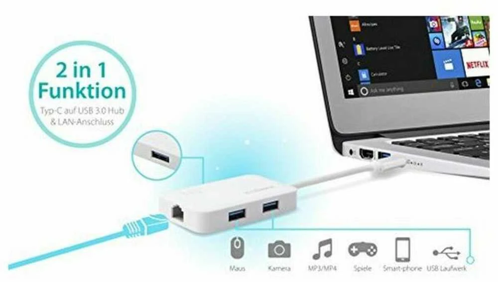 Edimax EU-4308 USB-C iki 3 prievadų USB 3.0 Gigabit Ethernet Hub