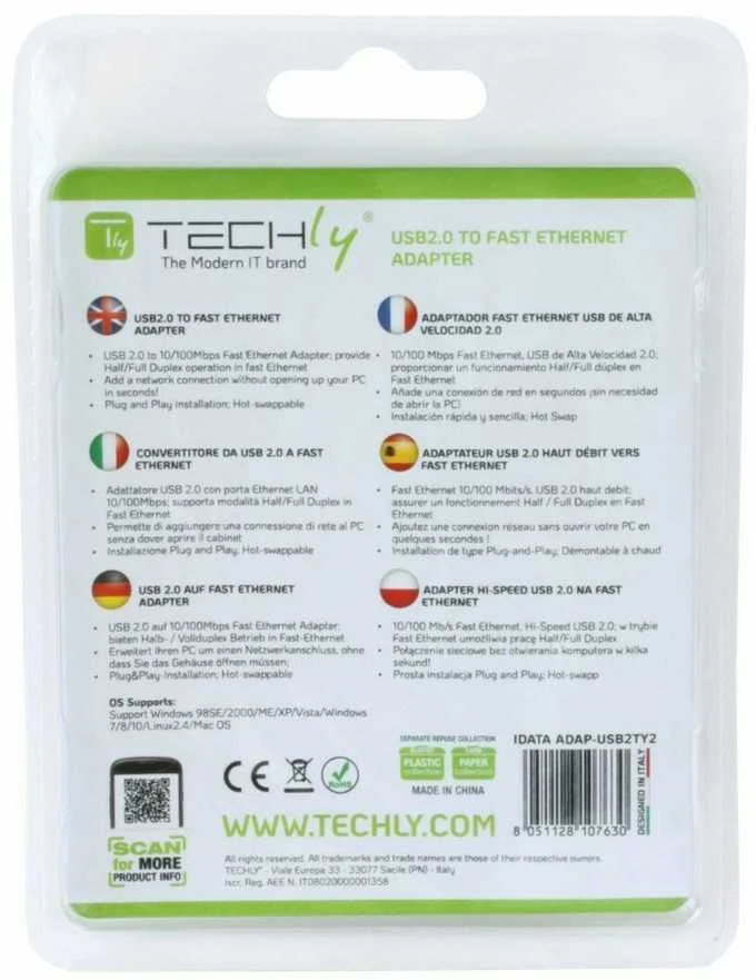 Ryšio Adapteris - Techly USB 2.0 Į Fast Ethernet 10/100 Mbps Baltas