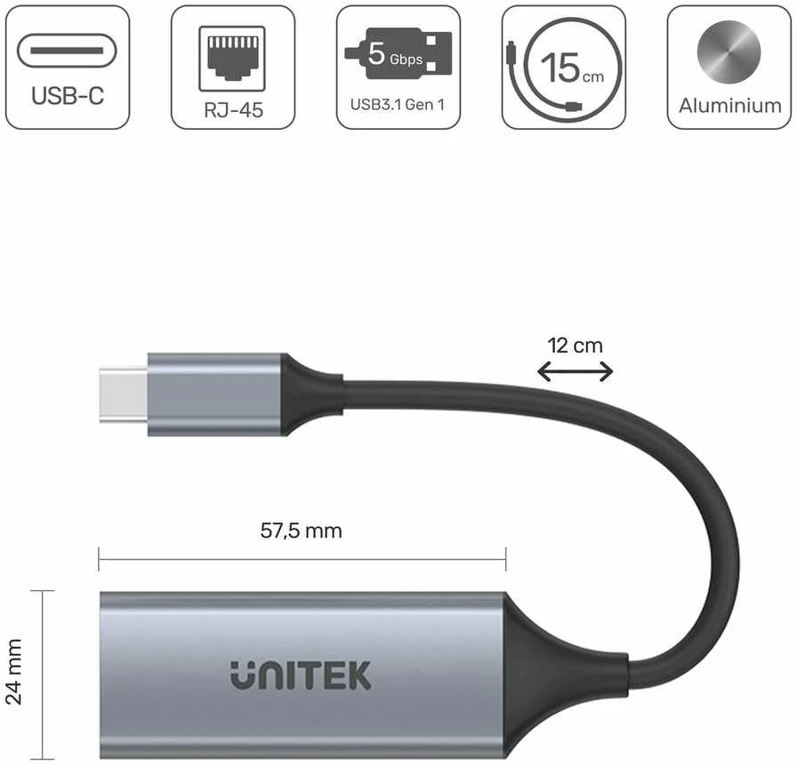 UNITEK adapteris USB-C 3.1 Gen 1- RJ45 1 GBps U1312A