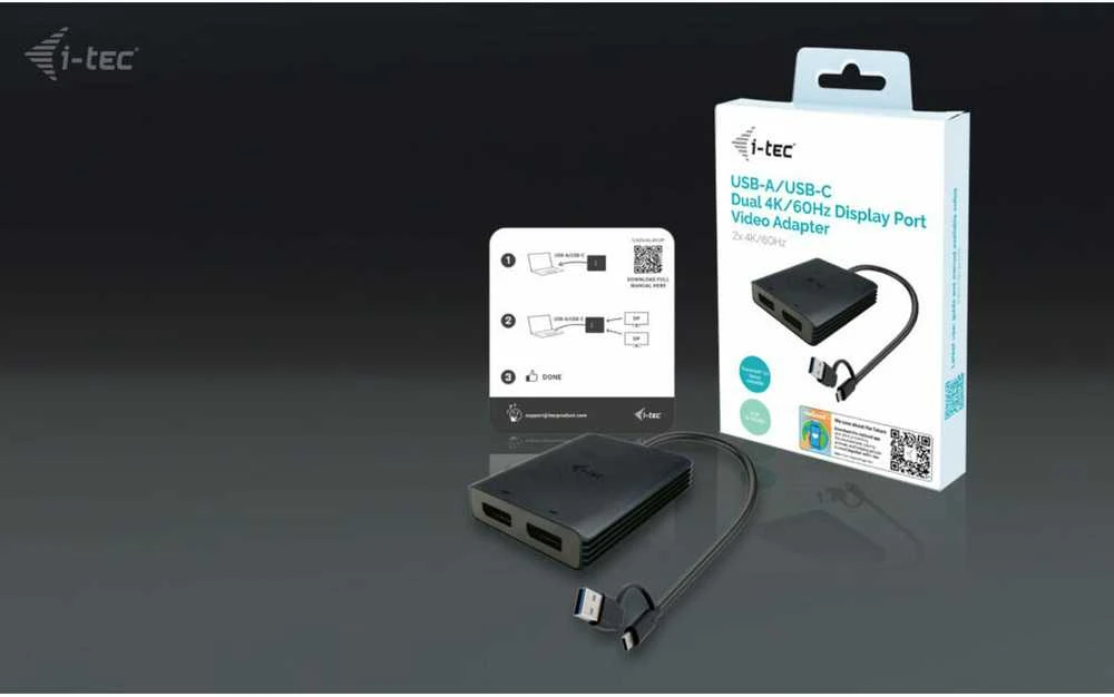I-tec USB-A/USB-C dvigubas 4K/60 Hz DisplayPort vaizdo adapteris