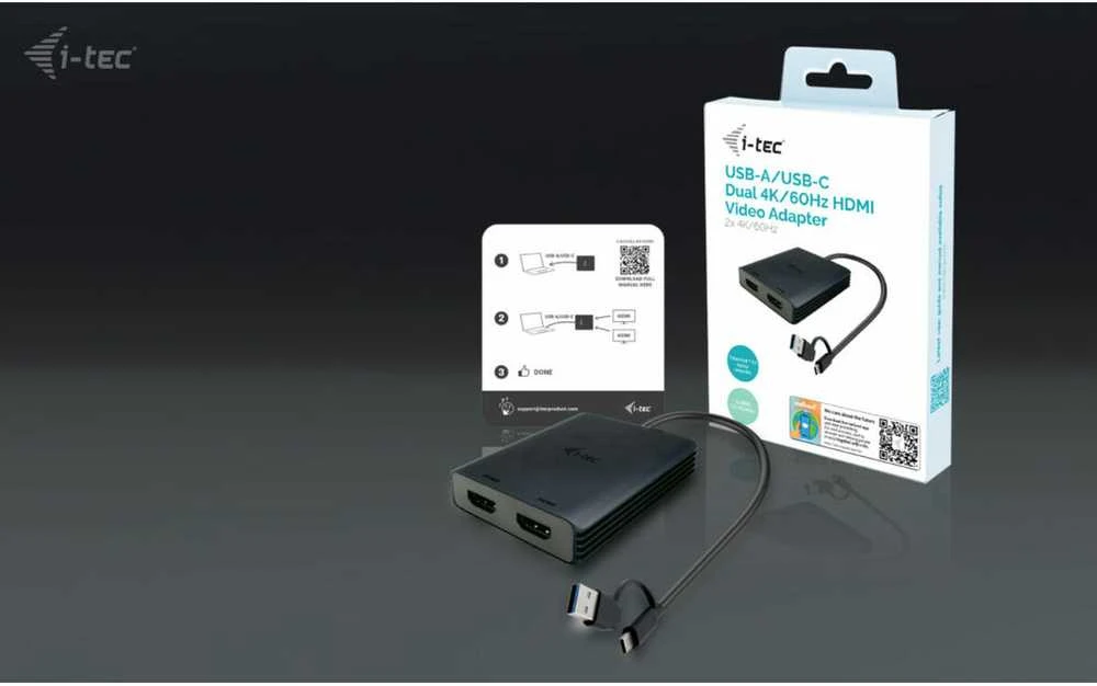 „I-tec USB-A/USB-C“ dvigubas 4K/60 Hz HDMI vaizdo adapteris