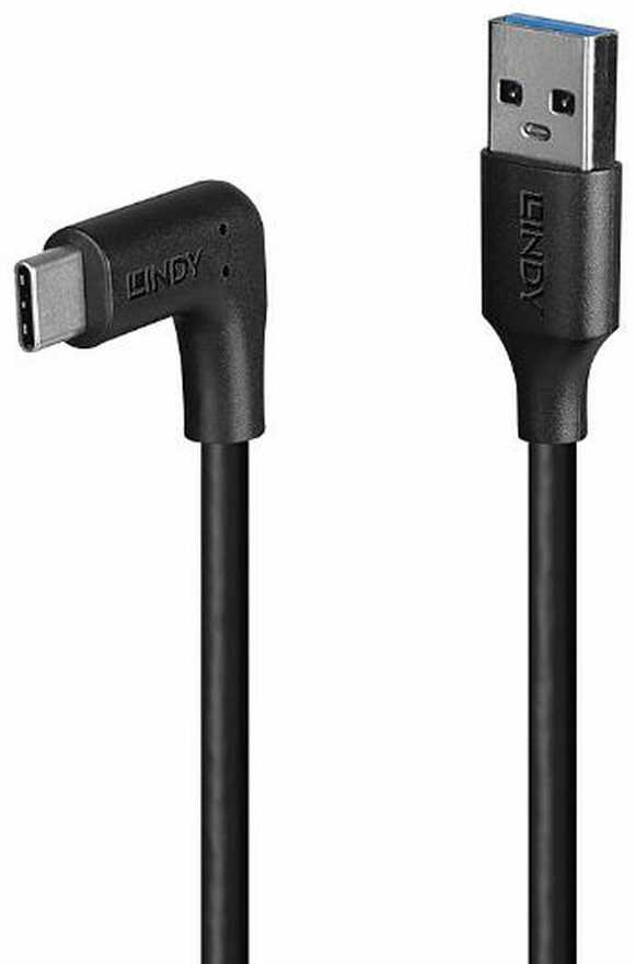USB Kabelis - LINDY USB 3.2 Type A į C Laidas, M/M, 10Gbps, 90° Dešinysis Kampas, 1.5 m, Juodas