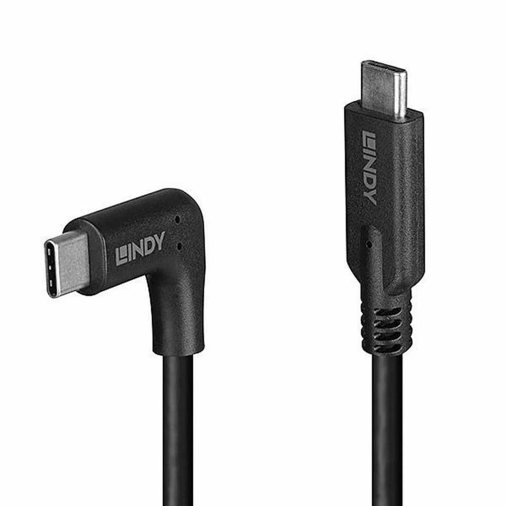 USB Kabelis - LINDY USB 3.2 Type C Laidas, M/M, 90° Kampu, 10Gbps, 60W PD, 1 m, Juodas