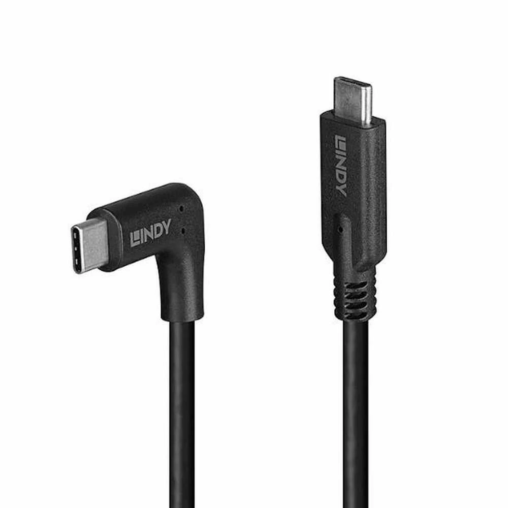 USB Kabelis - LINDY USB 3.2 Type C Laidas, M/M, 90° Dešinysis Kampas, 10Gbps, 60W PD, 1.5 m, Juodas