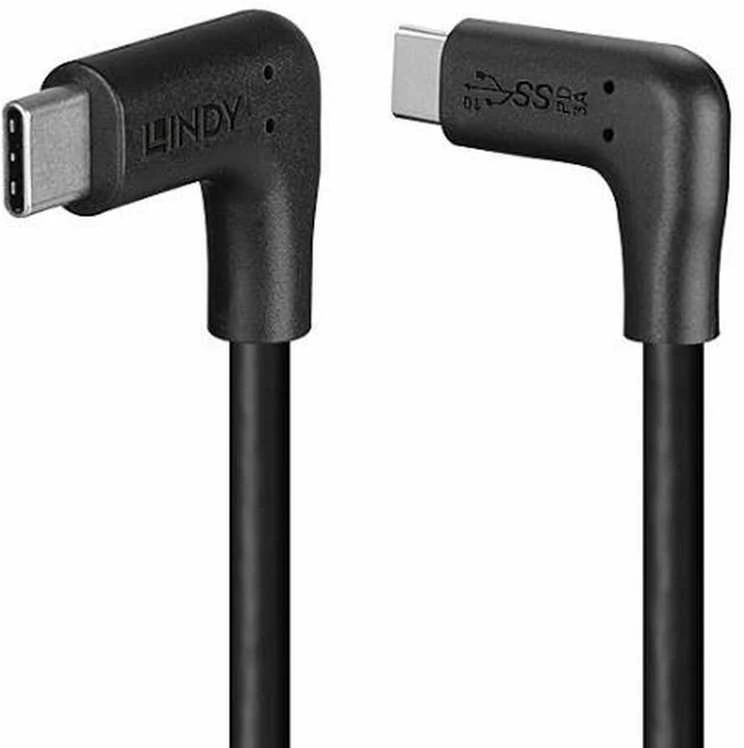 USB Kabelis - LINDY USB 3.2 Type C Laidas, M/M, 10Gbps, 60W PD, 90° Kampas, 1 m, Juodas