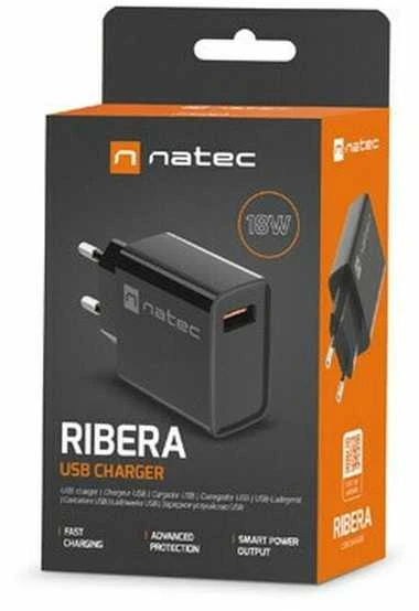 NATEC USB Charger Ribera USB-A 18W juodas